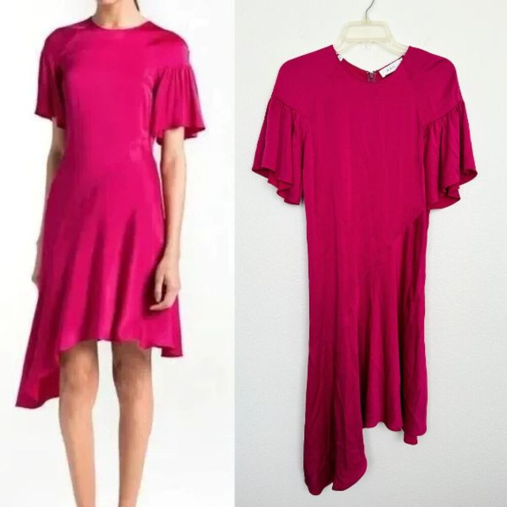 ALC Women's Tilly Satin Dress Asymmetric Hem Flutter Sleeve Berry Pink Size 6